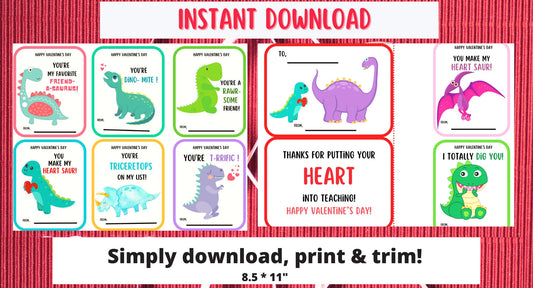 Dinosaur Valentines cards| Kids Valentine Cards | INSTANT DOWNLOAD |